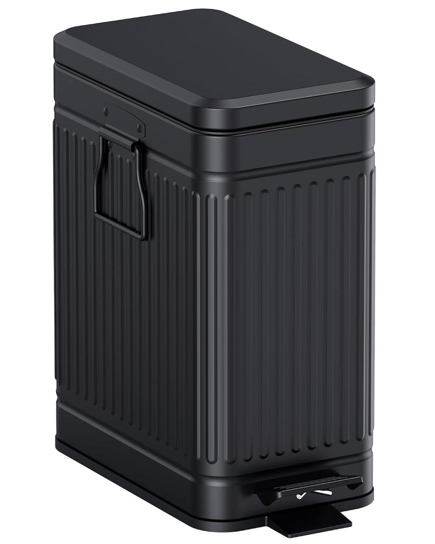 Small Bathroom Trash Can with Lid Soft Close, 6L / 1.6 Gallon Stainless Steel Small Garbage Can with Step Pedal, Slim Waste Basket for Bedroom, Toilet, Office - Black