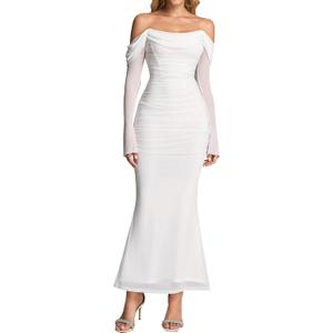 KUTUMAI Off Shoulder Long Sleeve Maxi Dress Corset Bodycon Ruched Cocktail Formal Wedding Guest Dresses for Women Fall White, XS