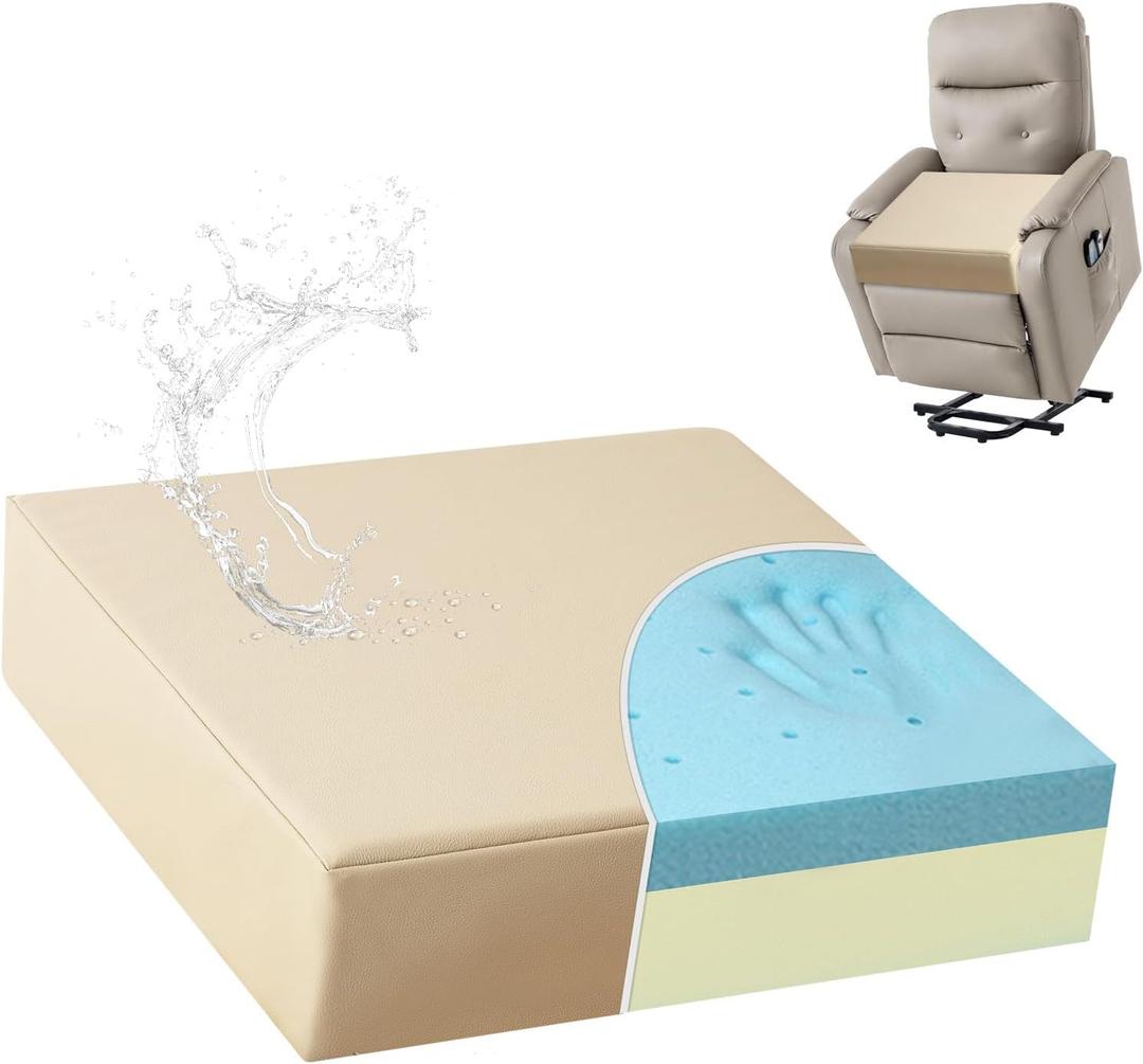 Shinnwa Gel Memory Foam Recliner Cushion for Elderly, Waterproof Faux Leather Seat Cushion, Dual-Layer Foam Chair Pad for Couch, Armchair, Wicker Chairs, Floor, 20 20 5in, Light Camel