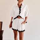 Shy Velvet Lounge Sets for Women Two Piece Sets Summer Pajama Sets Linen Cotton Vacation Outfits With Stylish Ric Rac Trim (L)