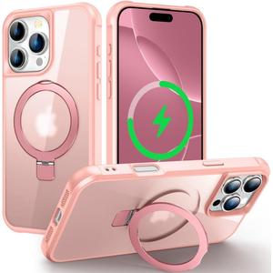 CHAOFEnG Magnetic Compatible with iPhone 16 Pro Case with Stand [Military Grade Drop Tested][Compatible with Magnet] Ring Translucent Slim Hard Back Soft Edge, Pink