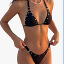 WDIRARA Women's 2 Piece Swimsuit Rivet Halter Triangle Thong Bikini Set High Cut Bathing Suit, M