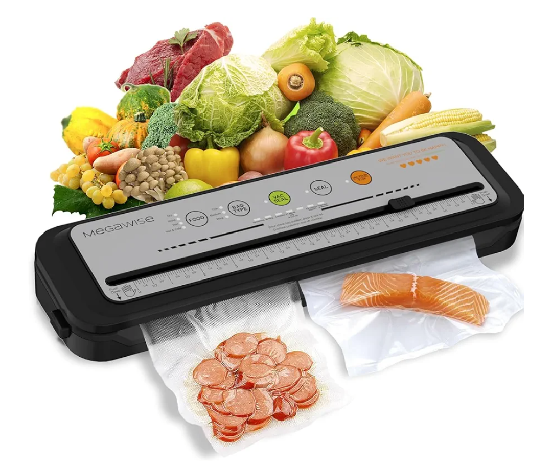 MEGAWISE 2025 Powerful Vacuum Sealer Machine | Compact Design | One-Touch Automatic | Seal in 10-20 Seconds | Dry, Moist, Wet, and Cold Modes | With 10 Vacuum Bags & Built-in Cutter (Grey)