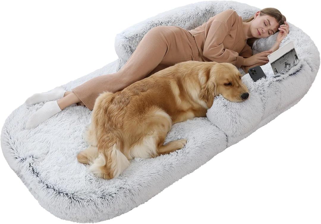 Foldable Human Dog Bed, Comfortable Human Size Giant Dog Bed for People Adults Washable Fluffy Pet Mat Faux Fur Orthopedic Dog Sofa(Gray) (Grey)