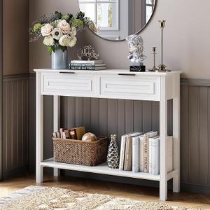Fluted White Console Table with Drawers, Modern Entryway Table with Storage, Sofa Table Behind Couch, Entry Table for Living Room, Hallway, Foyer
