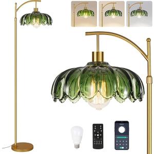 QIYIZM Gold Floor Lamp for Living Room,Bedroom,Mid Century Modern Standing Lamp with Remote,Dimmable Brass Tall Lamp Green Glass Lamp Vintage Retro Arc Floor Lamps Flower Floor Light Boho Bohemian