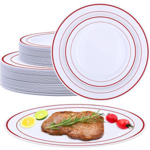 Patelai Set of 50 Plastic Plates with Rim 10.25", 7.5" Disposable Dinnerware Set for 25 Guests Heavy Duty Disposable Dinner Plates for Party Wedding Graduation Christmas(Red Rim)