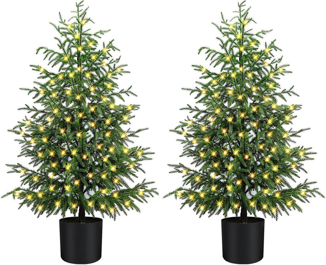ENVEN 4FT Pre-Lit Artificial Norfolk Pine Christmas Tree Realistic Potted Tree with 100 LED Lights & 8-Function Battery Box, Pre-Assembled Faux Holiday Dcor for Indoor Use (2)