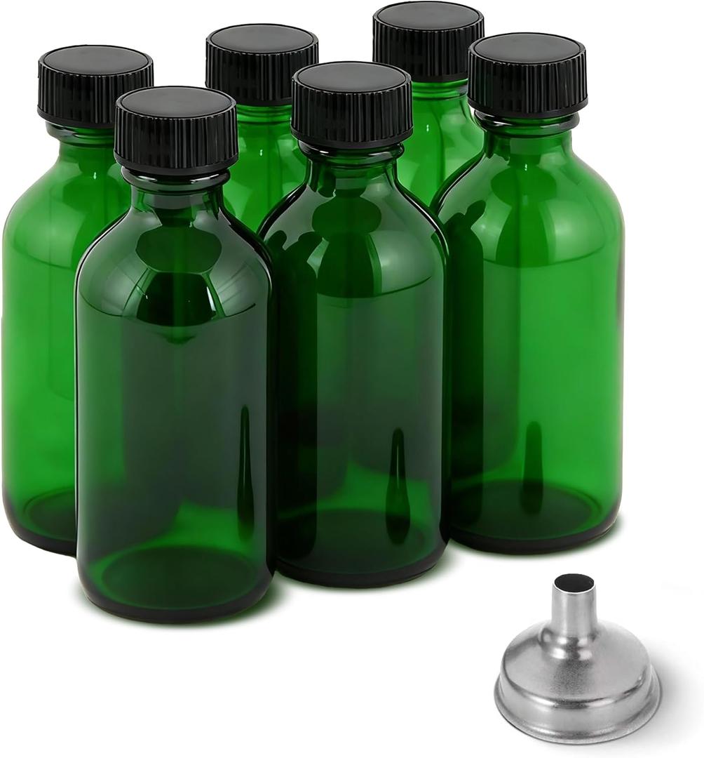 DIDITIME 2 oz Shot Bottles with Caps & Stainless Steel Funnels, Juicing Bottle Reusable Glass, 60ml Small Jars with Lids for Potion, Ginger Shots, Oils, Juice (olive green, 6-pack)