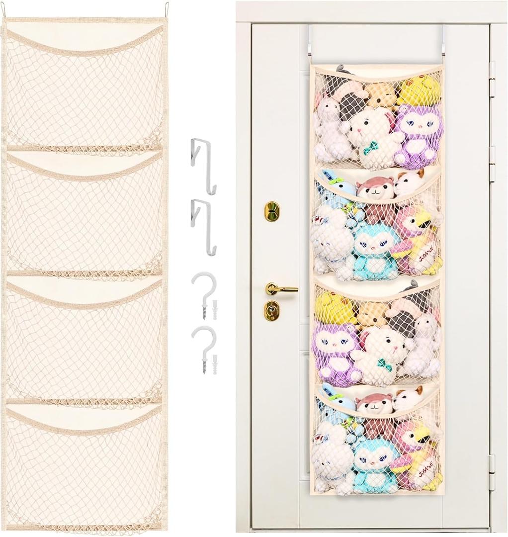 Over The Door Stuffed Animal Storage, Cotton Toy Organizer for Storage Plush Toys,Baby Supplies, Stuffed Animal Holder with 4 Large Pockets, Hanging Door Organizer for Nursery, Bedroom, Kids Room