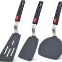 Silicone Spatula Turner Set of 3, Beijiyi 600F Heat Resistant Cooking Spatulas for Nonstick Cookware, Large Flexible Kitchen Utensils BPA Free Rubber Spatula Set for Egg, Pancake, Fish, Burger (Black+Grey)