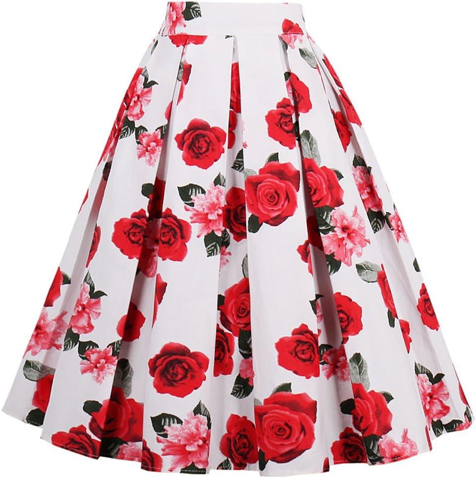 Dressever Women's Vintage A-line Printed Pleated Flared Midi Skirts (White, XS)