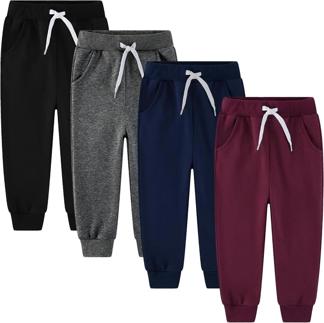 4 Pack Toddler and Kids Boys Sweatpants Joggers Cotton Active Soft Joggers Pants with Functional Drawstring, Size 4T (Fleece Black/Navy/Dark Gray/Burgundy)
