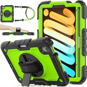 SEYMAC stock Case for iPad mini 7 (A17 Pro) 2024/ Mini 6 8.3'' with Screen Protector Pencil Holder [360 Rotating Hand Strap] &Stand, Drop-Proof Case for iPad mini 7th/6th Generation 8.3", Green+Black
