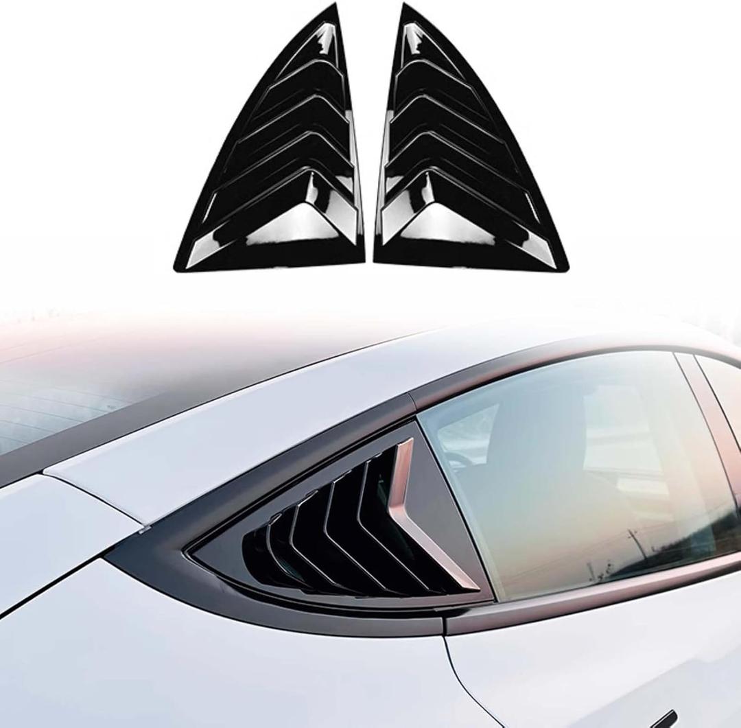 Fit for Tesla Model 3 2021 2022 2023 2024 2025 2026 Quarter Window Louvers, Sports Style Scratch-Proof SideSide Window Covers, 2-Pack (Bright Black)