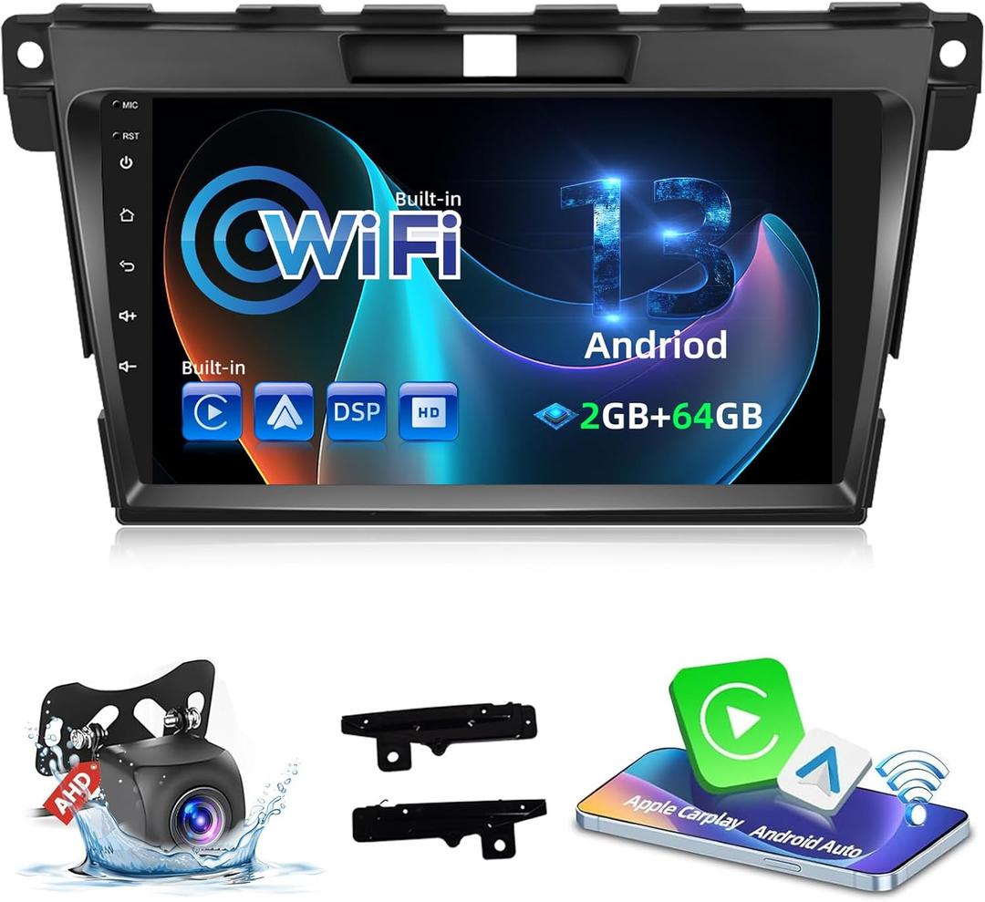 NHOPEEW [2+64G] for Mazda CX7 CX 7 CX-7 2007-2015 Car Audio - 9 inch Touchscreen Android 13 Car Stereo - Wireless Carplay and Andorid Auto, WiFi, GPS, DSP+32EQ, Mulitiple UI, SWC + AHD Backup Camera