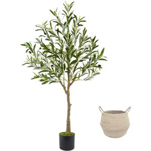 Warmplants Artificial Olive Tree, 4ft Tall Fake Olive Leaves Plant with Basket, Indoor Outdoor Faux Olive Topiary Silk Tree for Home Livingroom Office Décor