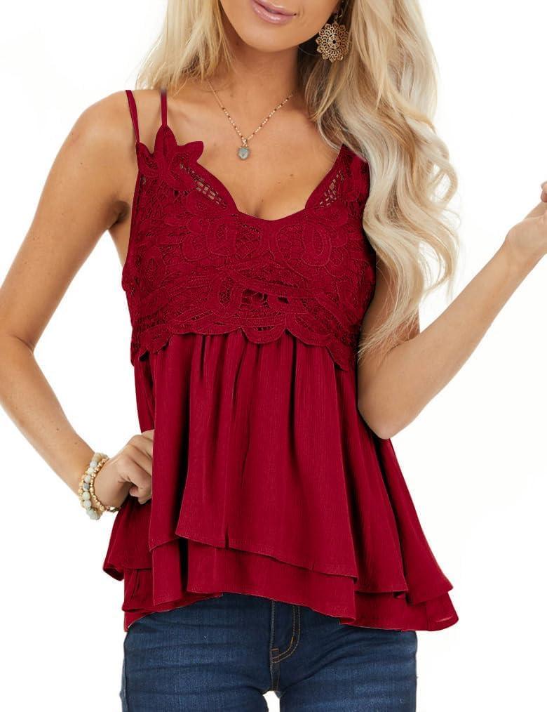 Feager Women's Lace Tank Tops Summer Chiffon Spaghetti Strap Cami Sleeveless Shirts Babydoll Tops (Medium, Wine Red)