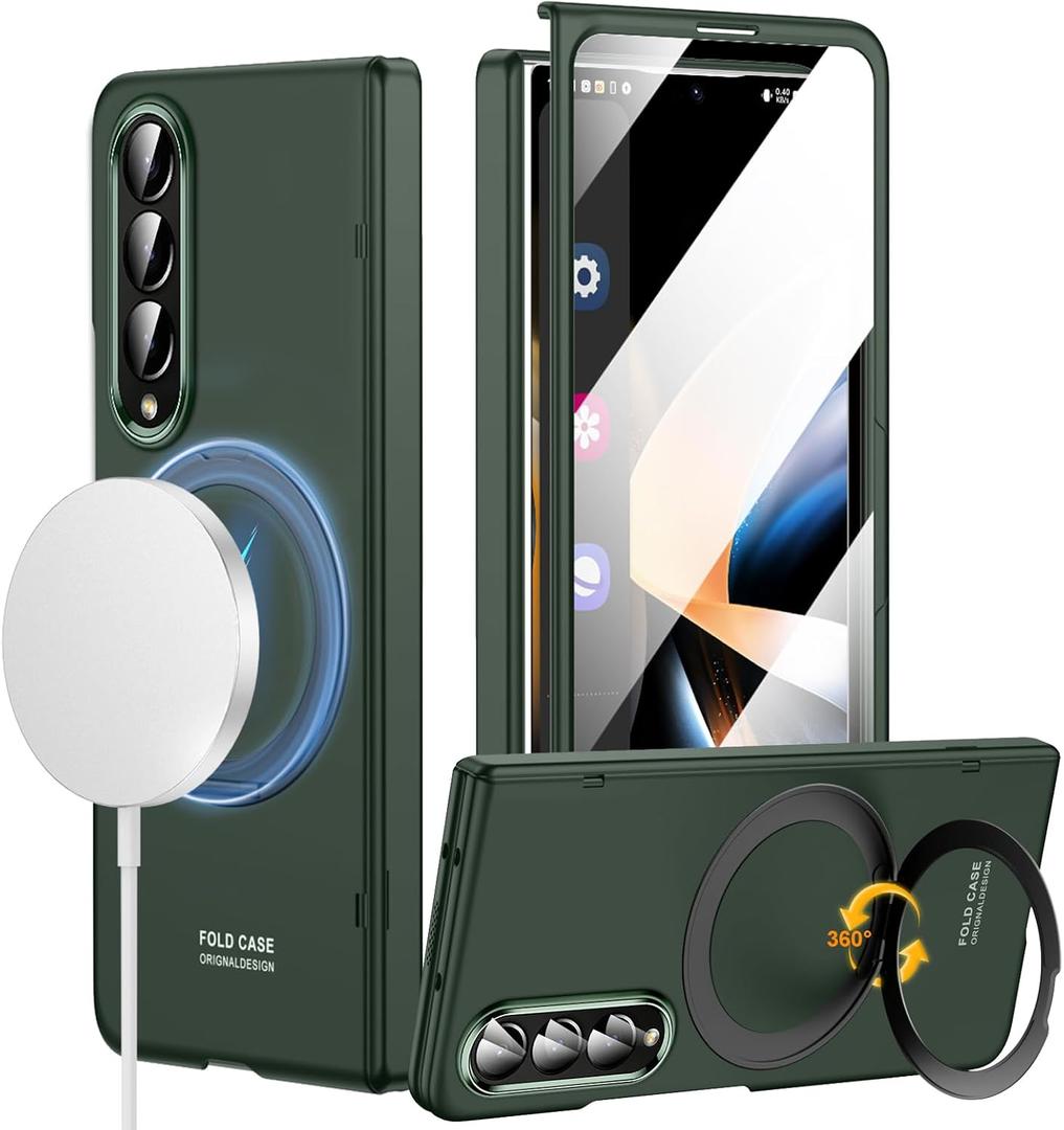 for Samsung Galaxy Z Fold 4 Case with MagSafe, Built-in 360° Magnetic Rotatable Ring Stand, Screen Protector & Hinge Protection, Full Body Slim & Light Magnetic Stand Phone Case 5G, Green