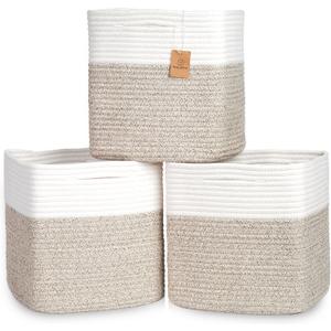 NaturalCozy 13 Inch Cube Storage Bins Cotton Rope Woven Baskets for Organizing 3-Pack | 13 x 13 Storage Cubes | Fabric Square Storage Baskets for Shelves Organizer, Kids Toy Bins, Closet Baby Nursery