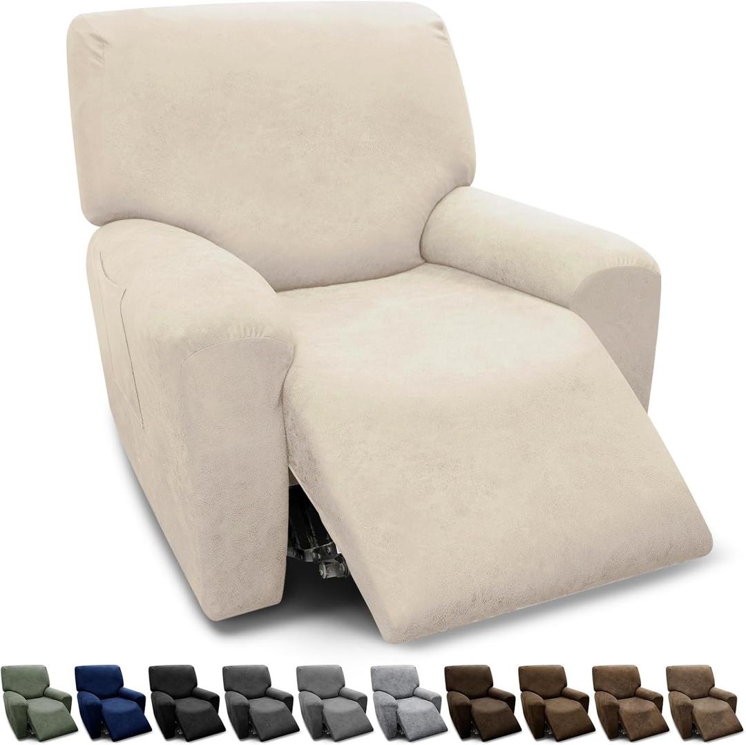 Pfrstuv Chair Covers 4-Pieces Recliner Chair Covers 1 Seater Cover for Recliner Chair Leather Look Recliner Slipcovers with Pockets Furniture Covers(Recliner, Ivory)