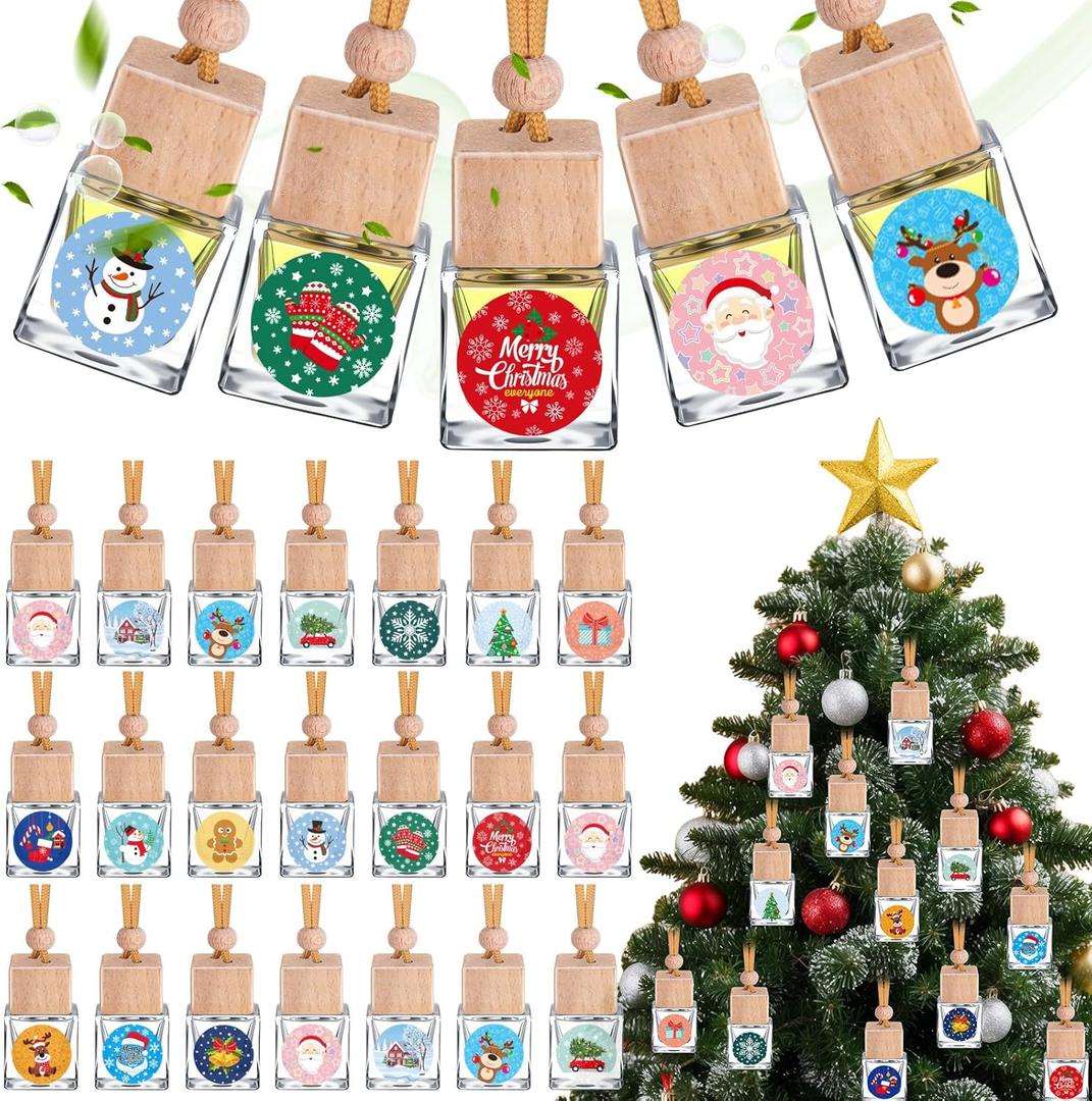 Meanplan 50 Pcs Christmas Car Diffuser Bottles Employee Appreciation Gift Bulk Hanging Air Freshener Empty Glass Perfume Oil Bottle with Xmas Stickers for Coworker Teacher Car Lover(Square, 10ml)
