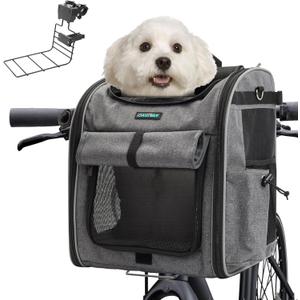 Foldable Front Bike Basket for Dogs, 4-in-1 Pet Carrier Backpack/Shoulder Bag/Car Seat with Heavy-Duty L-Shaped Mount 2.17 inch, Waterproof Cushion & Reflective Strips, Supports Up to 22lbs