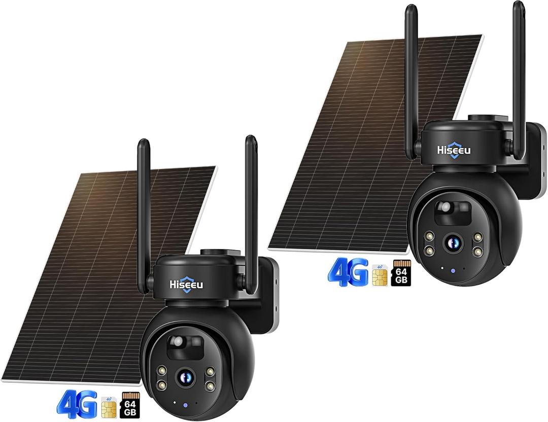 Hiseeu 4G LTE Cellular Security Camera Solar Powered, No WiFi Security Camera Wireless Outdoor, PIR Motion, 2 Way Talk, 360 PTZ, 2K Color Night Vision, 64G SD & SIM Card Included- Pack of 2 