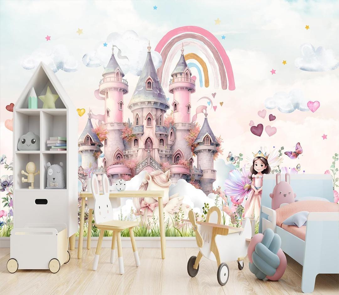 XMPMBM-Pink Cartoon Citadel Princess Nursery Room backsplash Large Decorative Wallpaper Watercolor Girls Bedroom Wall Mural- W 132" X H 92" M (132"x92", X 38)