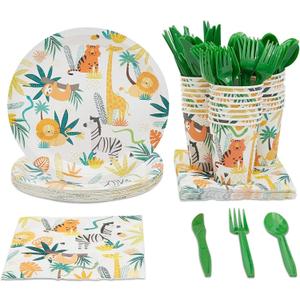BLUE PANDA 144 Piece Jungle Safari Theme Birthday Party Decorations - Zoo Animal Dinnerware Jungle Safari Plates, Napkins, Cups, and Cutlery - Tropical Theme Birthday Party Decorations (Serves 24)