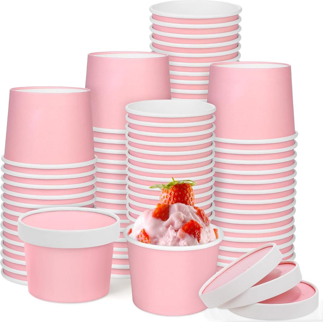 60 Pack 8 Oz Paper Ice Cream Cups with Lids Pink Disposable Dessert Snack Bowls Ice Cream Containers Hot/Cold Safe for Sundae, Frozen Yogurt & Party Supplies