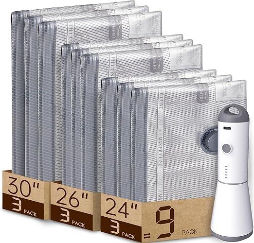 Vacbird 9 Packs Rechargeable Pump Vacuum Bags for Travel Packing, Carryon Size Vacuum Seal Bags for Luggage and Suitcase Compression, Space Saver for Clothes and Clothing Organization