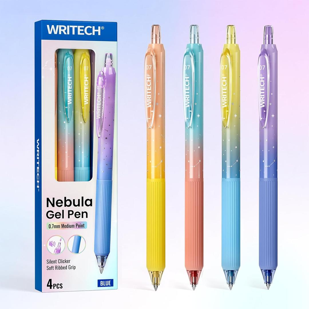 WRITECH Gel Pens Fine Point: Blue Ink 0.7mm Retractable 4ct Smooth Writing with Aesthetic Gradient Color Barrel for Journaling Note Taking Silent Click No Smear Nebula Pen Set