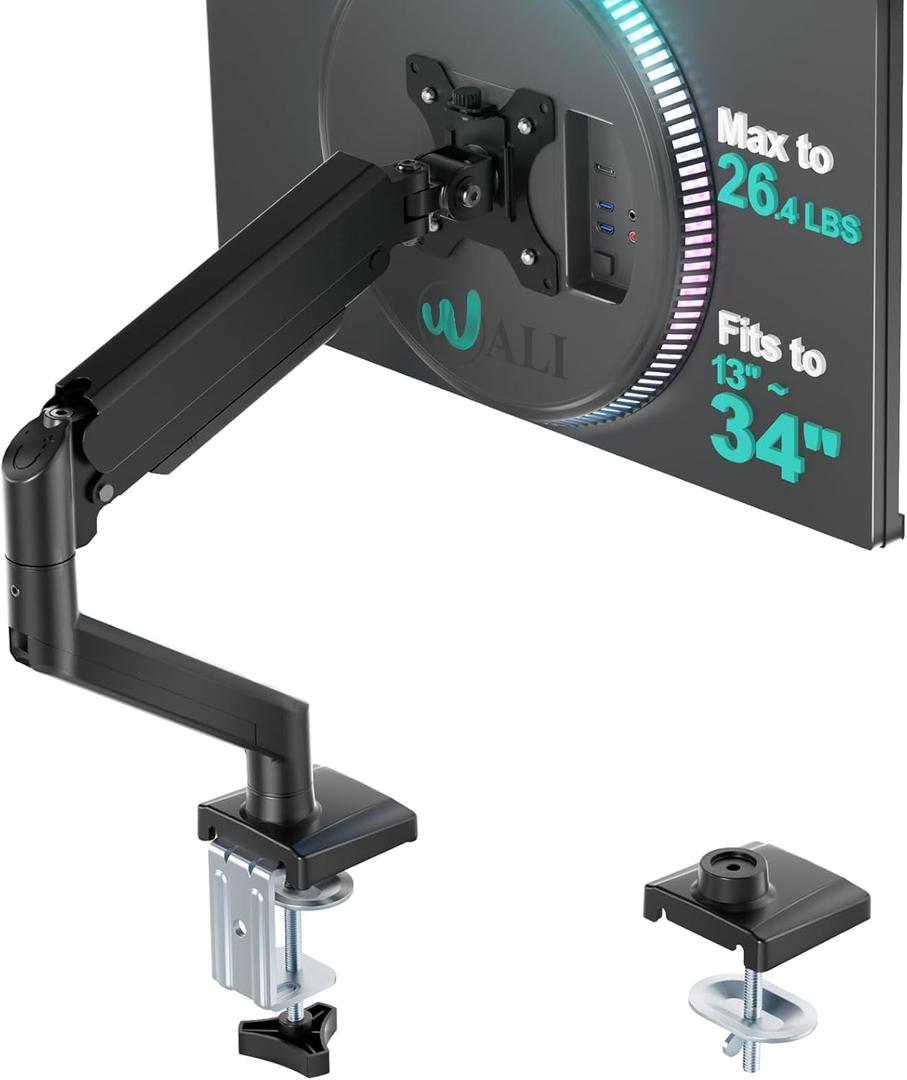 WALI Single Monitor Mount for 13-34 inch Screens, Adjustable Gas Spring Single Monitors Arm, Regular Screen up to 32 inch, 26.4lbs, Computer Monitor Stand for Desk, VESA 75/100mm (GSMP001N), Black