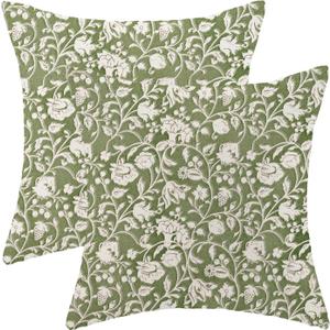 Block Print Pillow Covers 18x18 Set of 2 Vintage Sage Green Floral Throw Pillow Covers Rustic Boho Decorative Flowers Pillowcase Farmhouse Linen Cushion Cover for Home Sofa Couch Outdoor Decor