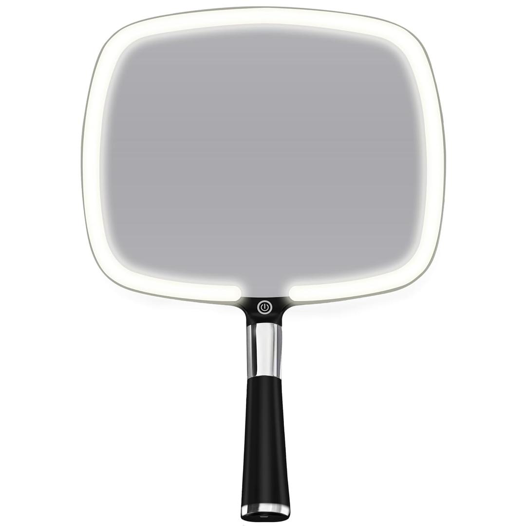 MIRRORVANA Lighted Travel Makeup Mirror - 2 in 1 Handheld & Tabletop LED Mirror with 3 Light Modes, Detachable Stand, and Comfy Handle - 9" x 13" (Black) 