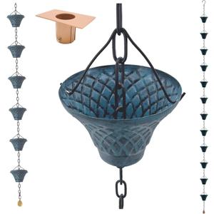 [Upgraded] 8.5FT Sky Blue Iron(Both-Sided) Rain Chains for Gutter and Rain Barrel, Rust-Resistant Plated Garden Dcor Rain Chain for Downspout, W/Rain Chain Gutter Adapter, Earrings for House