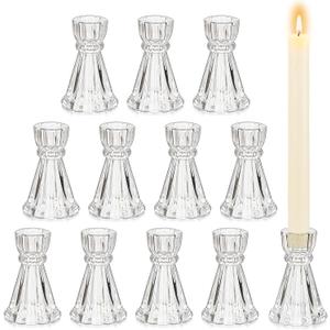 Glass Candle Holder Candlestick Holders: Hewory 12 Pcs Clear Taper Candle Holders for Candlesticks, Crystal Ribbed Candle Stick Holder for Wedding Table Centerpiece Kitchen Home Decor