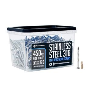 #8x2 Marine Grade 316 Stainless Steel Deck Screws, 450 PCS, Flat Head T20, Type 17 Point, Rust Resistant, Quick Drive, Strong Grip for Outdoor Wood Projects, Bit Included
