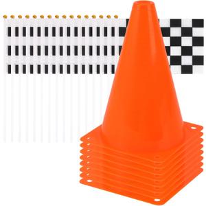 Mini Traffic ConesWith Hole on Topwith Racing Checkered Flags, Sports Safety Cones for Soccer Cones and Basketball Practice Equipment - Mini Orange Cones for Soccer Practice and Small Driving Practice Cones.Race Car Birthday Party Supplies, Kids Gift. (8PCS Cones) (24PCS)
