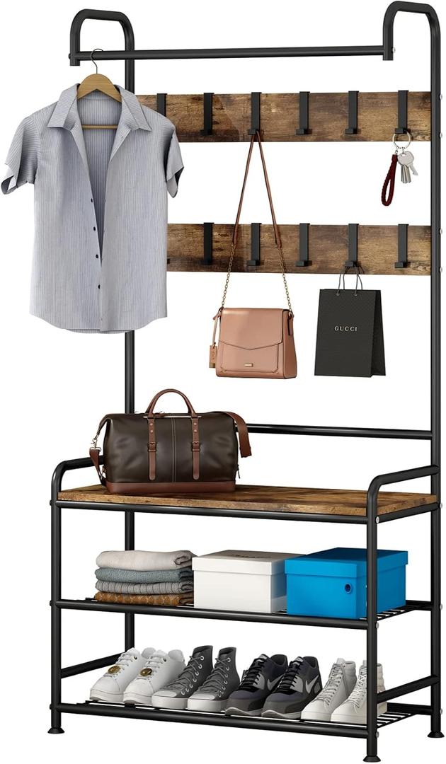 LINZINAR Coat Rack Shoe Bench 3-in-1 Hall Tree with Bench and Shoe Storage for Entryway Heavy Duty MDF Stand Coat Rack Industrial Accent Furniture with Metal Frame, Black (Rustic Black)