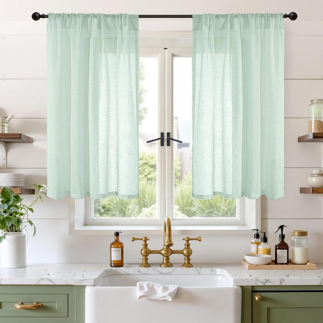BGment 40 Inch Length Sage Green Linen Curtains for Short Window - Rod Pocket Light Filtering Drapes Natural Textured for Cafe Bedroom Decorative Lightweight Rustic, 2 Panels Set, 42 X 40 Inch