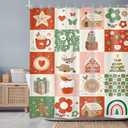 Newsely Retro Christmas Shower Curtain 60Wx72H Inch Merry Xmas 70s Cute Deer Snowflake Flower Rainbow Checkered Shower Curtain Bathroom Set Kids Girls Waterproof Bath Decoration Accessories Home Decor