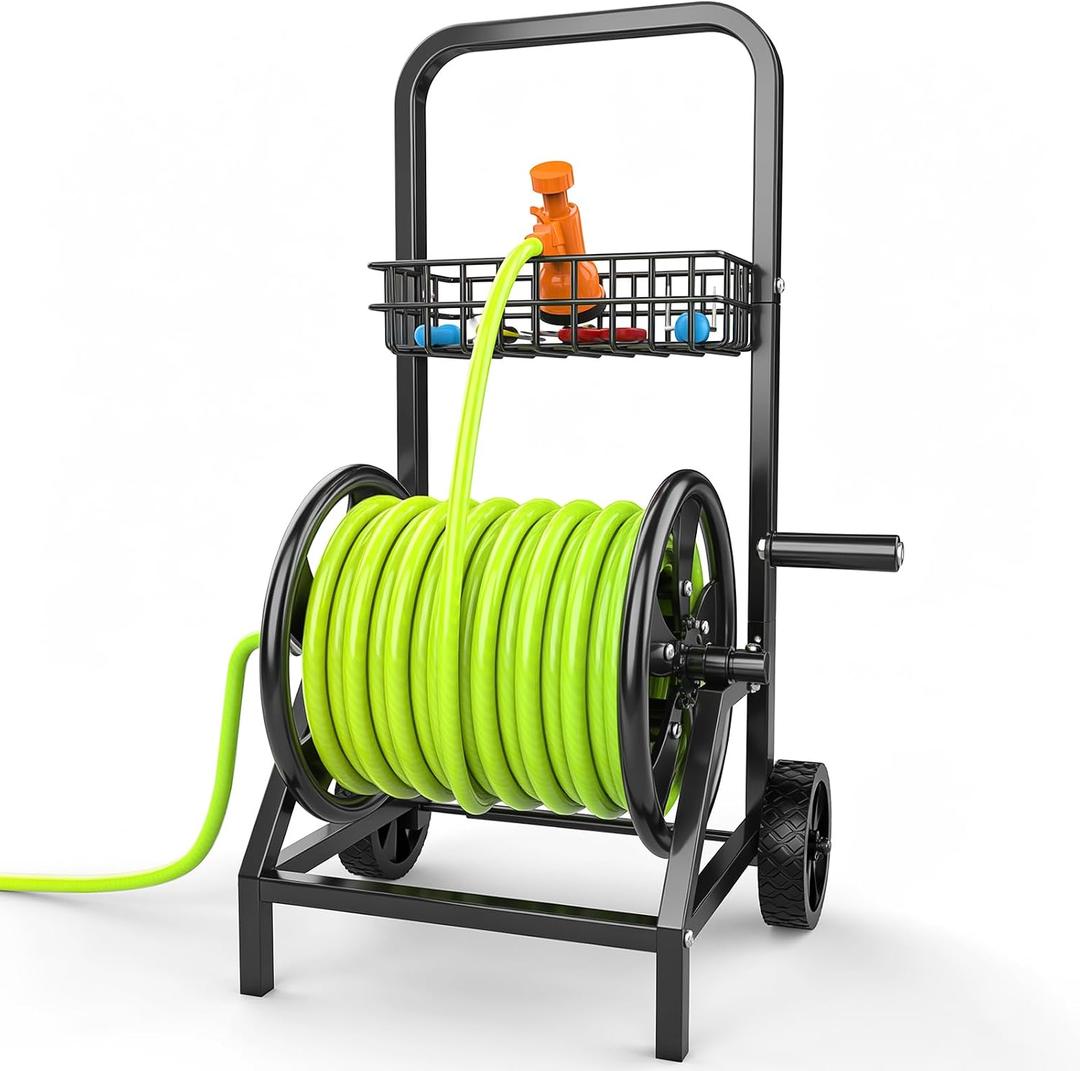 Garden Hose Reel Cart, Heavy Duty Hose Reel with Wheels, Hold Up to 200 ft of 1/2’’ Hose, Mobile Hose Reel Cart for Outside, Metal Water Hose Reel with Storage Basket for Backyard, Garden, Lawn