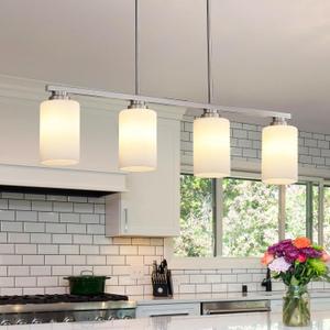 Island Light for Kitchen, Brushed Nickel Dining Room Light Fixture Over Table with Milk Glass Shade, 4-Light Linear Chandelier Pendant Lighting for Dining Table Kitchen Island Living Room