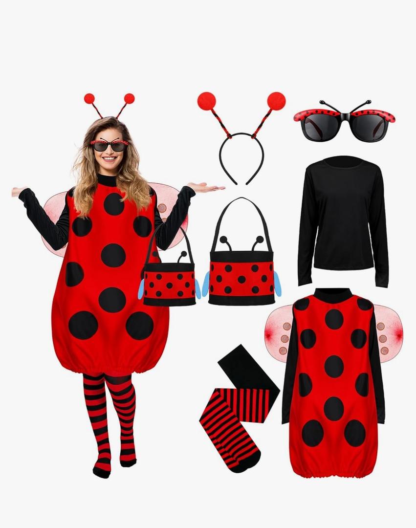 Janmercy Women Ladybug Costume Set Halloween Accessories Tutu Ladybug Dress up Set Halloween Cosplay Party Antenna Headband 2 XL