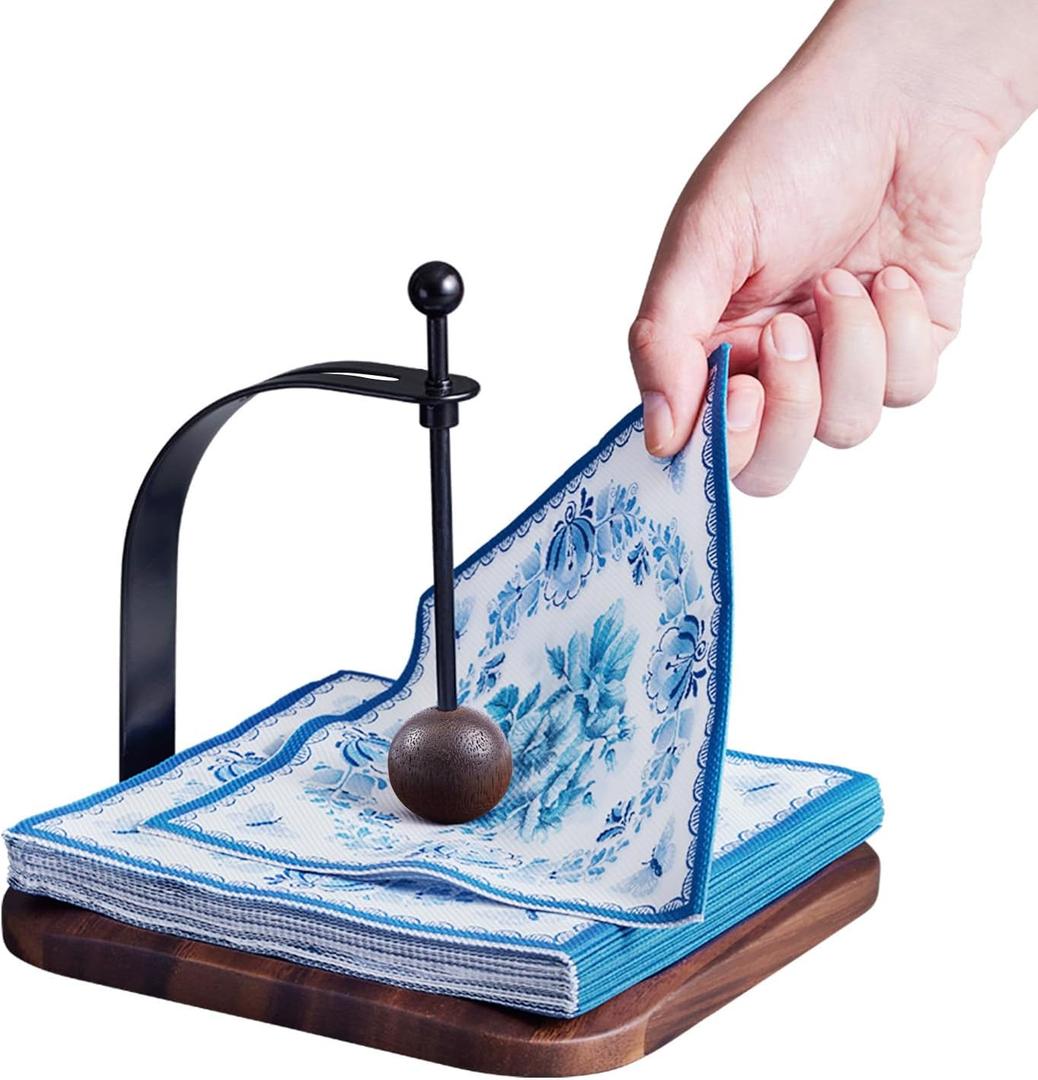 Napkin Holder for Table, Cocktail Decorative Napkin Holder with Weighted Arm, Modern Square Napkin Holders for Paper Napkins, Napkin Tray for Kitchen Coffee Bar Decor, Natural Rain Wood