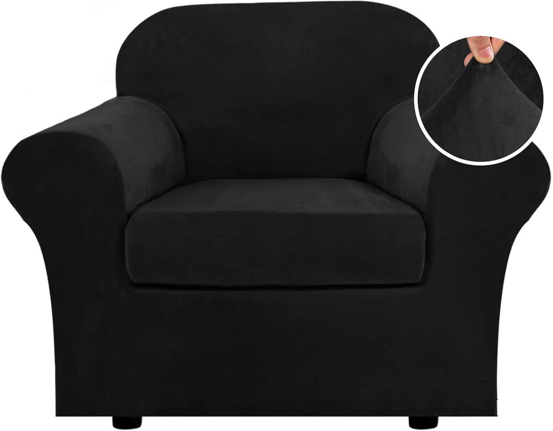 H.VERSAILTEX Rich Velvet Stretch 2 Piece Cover Chair Slipcover Sofa Cover Furniture Protector Couch Soft with Elastic Bottom Chair Couch Cover with Arms Width Up to 49 Inch(Chair, Black)