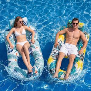 2 Pack Pool Floats Adult Heavy Duty-Adult Pool Float Lounger with Cup Holders, Backrest & Footrest Pool Lounge Float Pool Floaties Rafts for Beach Lake Party(Pink, Blue)