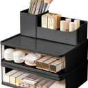 DASITON Makeup Organizer for Vanity with 2 Drawers, Stackable Cosmetic Organizer with Makeup Brush Holder, Plastic Bathroom Organizer Skincare Storage for Brushes, Eyeshadow, Lotions, Lipstick (Black)